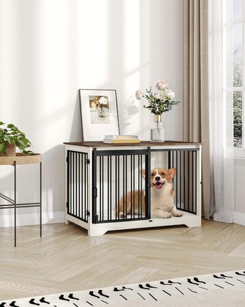 Клітка для собак Hzuaneri, 100 см, дерев'яна, з розсувними дверима, для дому, для маленьких/середніх/великих собак, 100 x 60 x 68 см, білий/коричневий колір