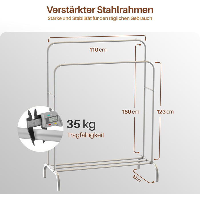 Підставка для одягу PORTENTUM: сталева, до 35 кг, з подвійною перекладиною та полицею для взуття, протиковзкі ніжки, захисні кінчики, швидкий монтаж, білий (без вішалок)