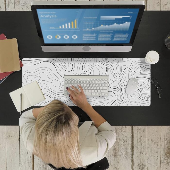 Ovenbird Велике ігрове килимок для миші з прошитими краями, топографічні карти, XL килимок з неслизькою основою, стильний підкладка під клавіатуру та мишу, 80 x 30 см, білий