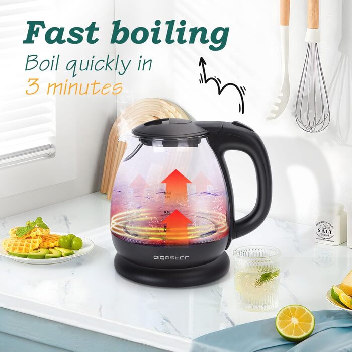Електричний чайник Aigostar Elfin 1 л, 2200W, з LED-підсвічуванням, з боросилікатного скла, міні-чайник для дому, офісу, гуртожитку, BPA Free, чорний