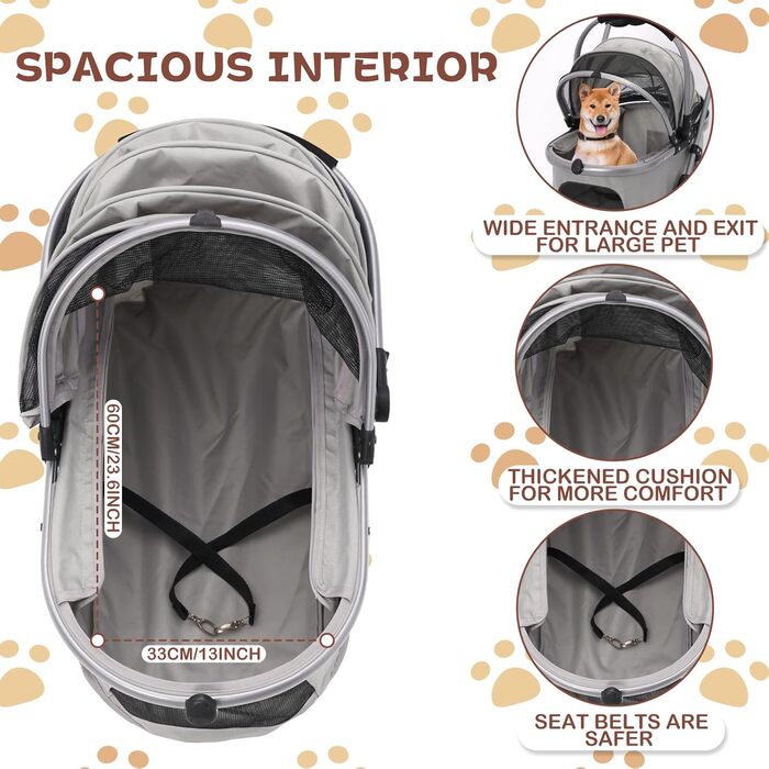 Візок для собак Siairo 3-в-1, сірий. Будка для собак середніх порід до 20 кг, переноска, автокрісло, відділення для їжі