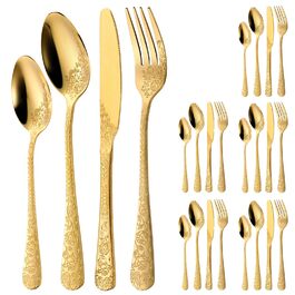 Набір столових приборів 24 предмети для 6 осіб з гравіюванням троянд, нержавіюча сталь, золотий колір - ножі, виделки, ложки, поліровані, для посудомийної машини, святковий