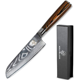 Ніж Santoku з дамаської сталі Wolfblood (24 см) – професійний кухонний ніж з 67 шарів дамаської сталі, дерев'яною ручкою, подарункова коробка та захист леза