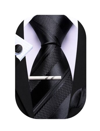 Чоловічий шовковий краватка-набір Barry.Wang з кишеньковою хустинкою та затискачем для запонок, в клітку, для урочистих подій та весілля, чорно-сріблястий