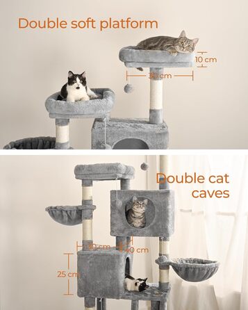 Дерев'яний будиночок для котів FourFurPets 160 см, з платформами, печерами, гамаком та сизалевою драбиною, сірий