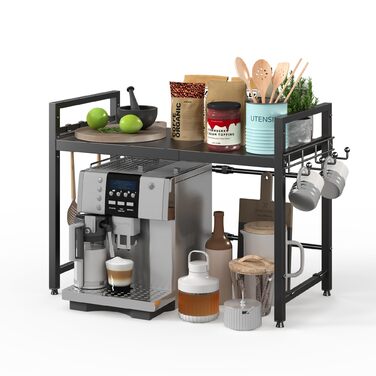 Регульована підставка для мікрохвильової печі NETEL 2-ярусна, кухонна полиця над мікрохвильовою печчю, полиця для робочої поверхні, висувна 40-60 см, з тримачем для напоїв та кошиком, чорний