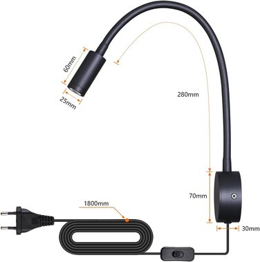 Настінний світлодіодний світильник для читання 3W теплий білий 3000K чорний з вимикачем на шнурі