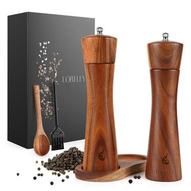 Дерев'яна мельниця для солі та перцю LORELEY® Mittelrhein Germany з керамічним жорном – з підставкою та пензлем – подарункова упаковка. Ідеальний подарунок на весілля або новосілля (Luxury Holz)