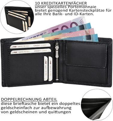 Marc Peter® Genuine Leather Wallet Hanover | Wallet for Men with RFID Protection | Large 10 Compartment Card Holder | Black Nappa Wallet