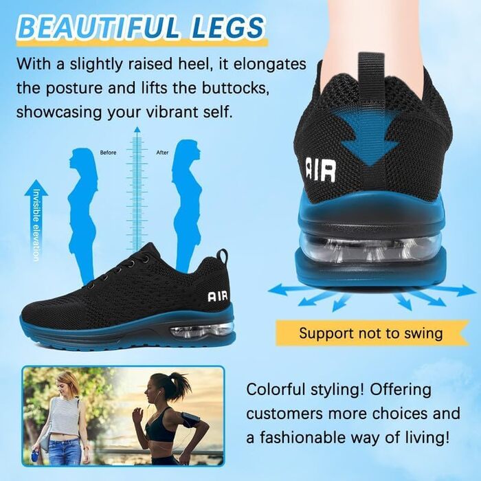 Жіночі кросівки для бігу та фітнесу: зручні та легкі, з повітряною подушкою, чорного кольору (39 EU)