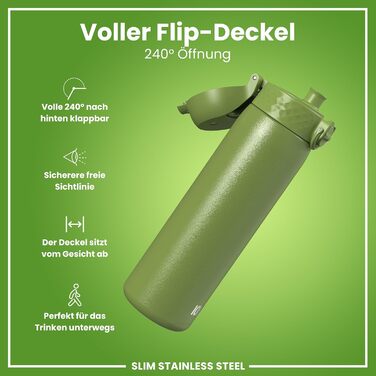 Ion8 Stainless Steel Drinking Bottle, 600 ml, Leak-Proof, One-Hand Operation, Secure Locking Mechanism, Dishwasher Safe, Flip-Top Lid, Carrying Handle, Easy to Clean, Durable & Scratch-Resistant (Stainless Steel, Khaki Green)
