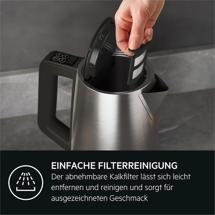 Електрочайник AEG K5-1-6ST Deli 5, 2400 Вт, 1,7 л, 5 температур, нержавіюча сталь, авто відключення, захист від протікання, відкривання однією рукою
