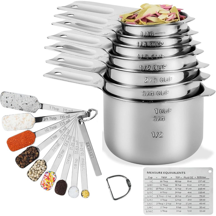 Measuring Cup and Spoon Set, Stainless Steel Measuring Cups and Spoons, 20 Piece, including 7 Measuring Cups and 9 Measuring Spoons, 1 Leveler, 2 Rings, 1 Conversion Chart, Kitchen Gadgets for Cooking and Baking