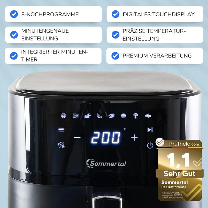 Фритюрниця без олії Sommertal HF760-7,6L XXL Airfryer з сенсорним екраном, 8 програм, 2000 Вт - економна та здорова, велика фритюрниця