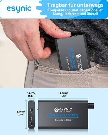 eSynic Підсилювач для навушників HiFi – портативний, з акумулятором 1000mAh, для MP3/MP4/Smartphone/PC, 16-600 Ом, 3.5mm AUX, алюмінієвий корпус