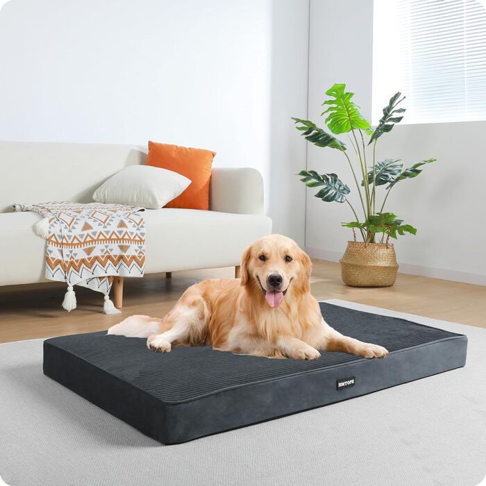 HMTOPE Orthopedic Dog Bed, 10cm Thick Dog Cushion for Medium and Large Dogs, Removable and Washable Dog Mat, Non-Slip Bottom, Waterproof Inner Lining, 112 cm, Dark Grey