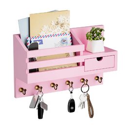Настінна органайзер для ключів з 6 гачками та шухлядою, дерев'яна полиця для ключів, ключниця на стіну, для дому, офісу, прихожої (білий) (Рожевий - 02)