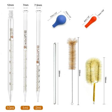 Beaker Cylinder Pipette Set, JESSTOLO 5-Piece Thick Glass Graduated Beakers, 4 Glass Measuring Cylinders with 3 Glass Measuring Pipettes, 4 Glass Stir Sticks and 2 Washing Brushes