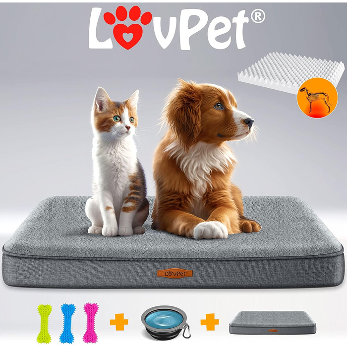 Lovpet® Orthopedic Dog Bed, Dog Cushion, Dog Basket Cookie, Incl. Bowl + 3X Chew Bones, Dog Sofa for Small, Medium & Large Dogs, Removable and Washable Cover, L 91x69x7.6 cm Anthracite