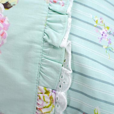 FADFAY Pillow Covers in Farmhouse Style, Roses and Hydrangeas Blue-Green, Striped, Elegant Country Style, 100% Cotton, Vintage Style, Lace, Ruffles, Bedding, Pillowcases, exquisite