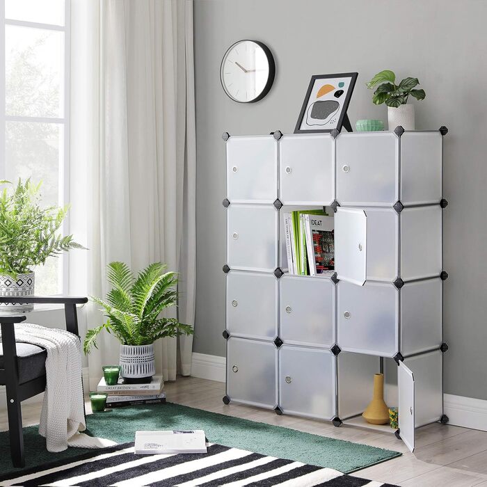 SONGMICS Regal System, Shoe Rack, Set of 16 Cubes, Plastic Closet Organizer with Doors, Plug-in Shelf, Storage for Clothes, Shoes, and Books, Easy Assembly, LPC443G01 (12 Cubes (93B x 123H cm), White)