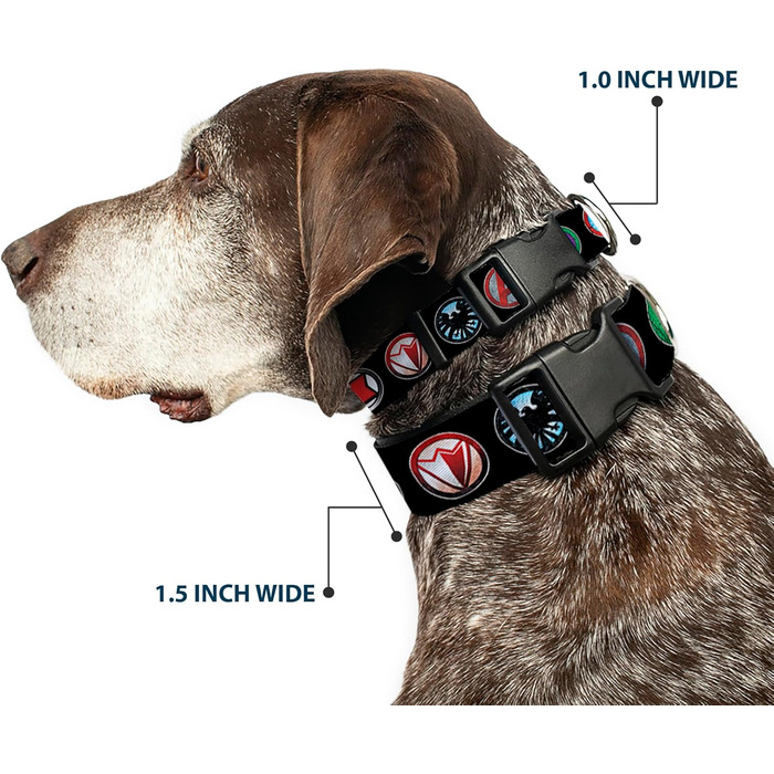 Нашийник Buckle-Down Marvel Avengers з пластиковим кліпом, чорний/кольоровий, ширина 3.8 см, розмір L (45.7-81.3 см)