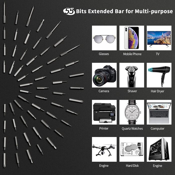 Powergiant Mini-викрутка акумуляторна з 55 бітами, LED-підсвіткою та магнітним килимком для ремонту телефонів, годинників, камер, ноутбуків