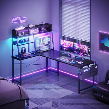 Ігровий стіл Coleshome L-подібний з LED підсвічуванням, 10 кольорів, полиці та кишені для зберігання, для дому та геймерів, чорний (150x100 см)