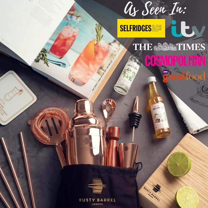 Rusty Barrel Roségold Cocktail Shaker Set - Premium Stainless Steel Bar Set with Shaker, Muddler, Strainer, Jigger, Spout, Spoon, Recipe Book & Gift Box