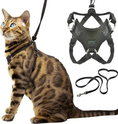 Нашийник та поводок для котів Houdini™ з веганської шкіри, анти-вислизання, OutdoorBengal для прогулянок (M, середній, м'яка сітчаста тканина)