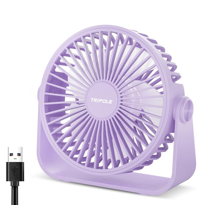 USB-настільний вентилятор TriPole: 3 швидкості, регульований, сильний потік повітря, 360° оберт, кабель 1,5 м, портативний міні-вентилятор (фіолетовий)