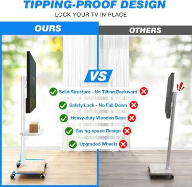 Мобільна тумба під телевізор з поличкою, поворотна, регульована по висоті, 27-60 дюймів, до 40 кг, VESA 400x400 мм (Бежевий)