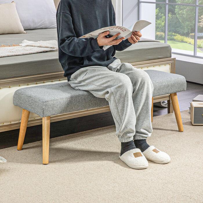HOMCOM Bench Upholstered Bench Linen Look Button Tufting Bed Bench with Wooden Legs for Bedroom Living Room Entryway 120x41x43 cm Grey