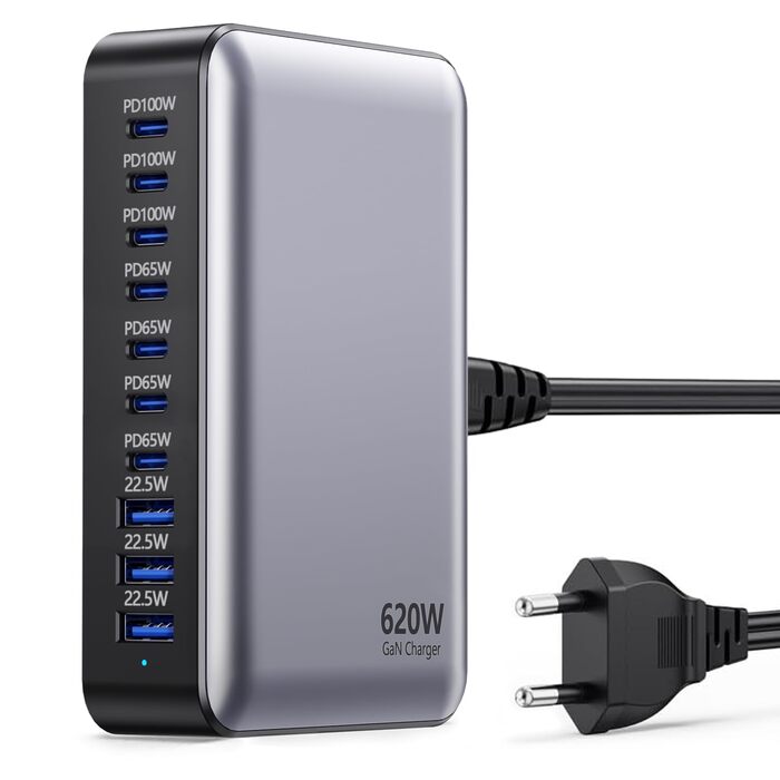 Зарядний пристрій USB-C 620W Gan: 10 портів (7xUSB-C + 3xUSB-A) для швидкої зарядки ноутбуків, iPhone, Samsung Galaxy, MacBook Pro/Air, Dell
