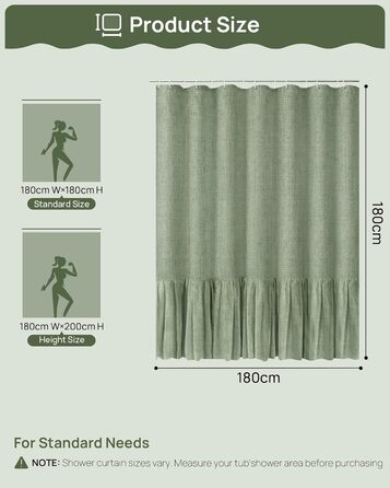 Штора для душу 180x180 см льон, зелена – водонепроникна, з антигрибковим покриттям та утяжеленим краєм, з кільцями (1 шт)