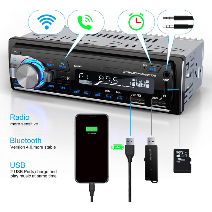 Автомобільна магнітола Lifelf 1 DIN RDS Bluetooth, 4x65Вт, MP3/USB/FM, підтримка iOS/Android, без CD, чорна/срібляста