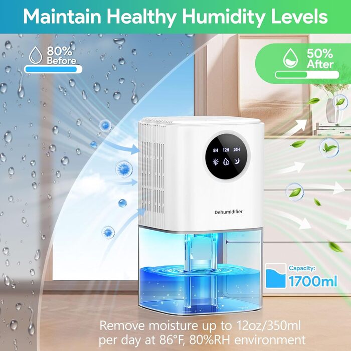 Електричний осушувач повітря для дому PKBOSS 1700ml - тихий, компактний, з нічним світлом та таймером для спальні, ванної кімнати, кухні. Захист від цвілі, білий