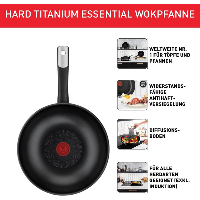 Сковорода Tefal Hard Titanium Essential Wok 28 см, антипригарна, з індикатором нагріву, виготовлено у Франції