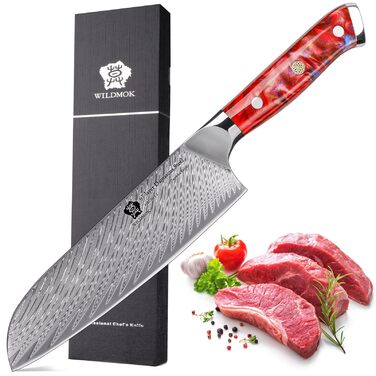 Ніж кухонний WILDMOK Santoku 17 см, професійний японський ніж з дамаської сталі VG10, червона рукоятка