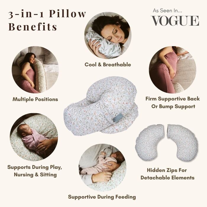 Подушка для вагітних BellaMoon 3-в-1 – підтримка всього тіла, C-подібна форма, для сну, годування та як ліжко для дитини, знімний бавовняний чохол (Waterleaves)
