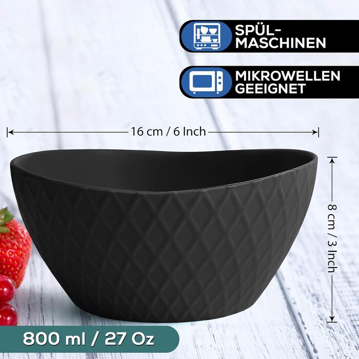Набір мисок Miamio Palmanova (6 шт., 800 мл) – чорний, матові миски для мюслі та інших страв