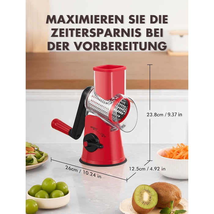Тертка для сиру GDL з ручкою, оновлена терка для овочів з 5 дисками, терка-нарізач для овочів, зручна та швидка, терка для сиру, морозива, горіхів, огірків, моркви (червона)