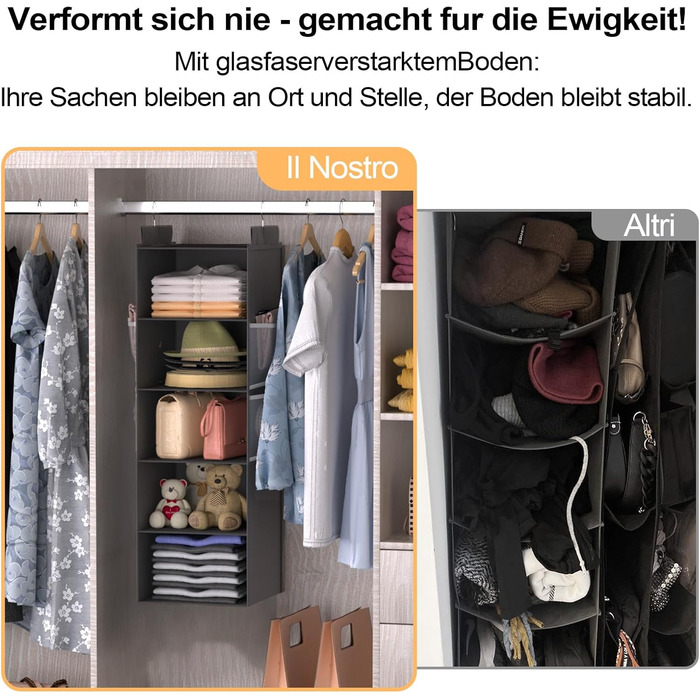 Організатор для шафи Extra Tief - 6-ярусний з 4 кишенями з сітки, для зберігання речей, ідеальний для студентів та кемпінгу (Сірий)