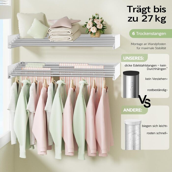 Настінна сушилка для одягу 32' (80 см), Складна, Біла. Для дому, з шаблоном для монтажу