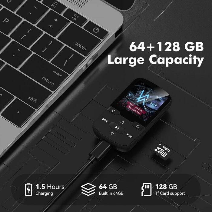 MP3 плеєр Bluetooth 5.3 з кліпсою, HiFi спортивний плеєр для дітей з FM-радіо, диктофоном та крокоміром, 64GB, чорний