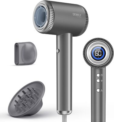 Іонізатор для волосся DEWILY, фен з магнітним дифузором, 110,000 RPM безщітковий мотор, швидке сушіння, подорожний фен, 300 мільйонів негативних іонів, сірий (з 2 насадками) Classic Grey