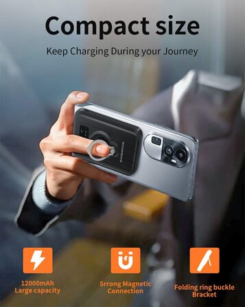 Портативний Пауербанк 12000mAh з бездротовою зарядкою та LCD дисплеєм, 22.5W, USB-C, для iPhone 16/15/14/13/12 Pro/Pro Max