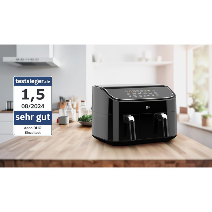 AECO DUO двокамерна аерофритюрниця 9 л (3+6 л), цифровий дисплей, синхронізація, дегідрація, 2850 Вт, 80-200°C, 6 програм, книга рецептів
