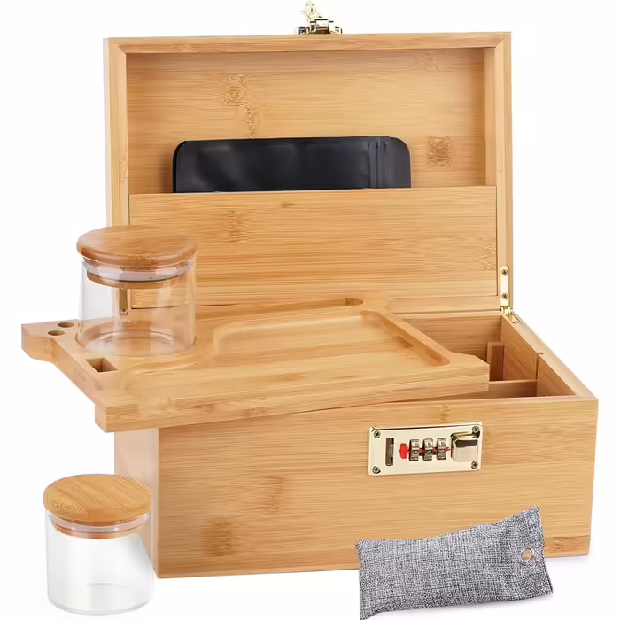 OZCHIN Large Bamboo Box with Number Lock - Decorative Storage Box for Home, Great Gift Choice, Tray, Reclosable