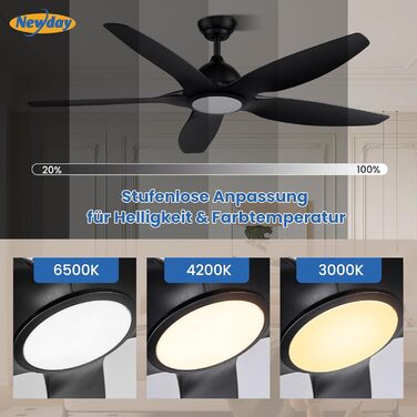 Стеляний вентилятор Newday 153см, чорний з підсвіткою та пультом, 5 лопастей, DC мотор, регулювання швидкості, таймер, для дому